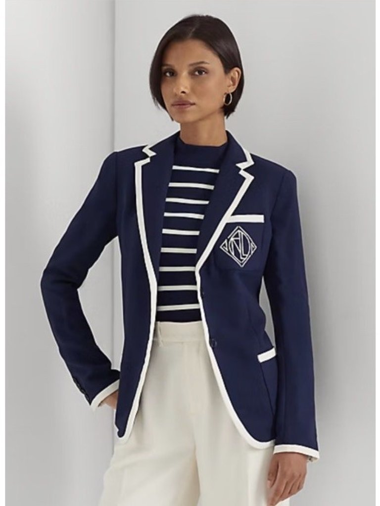 Lauren Ralph Lauren Size 8 Double-Faced Georgette Blazer Navy Cream Monogram Nwt